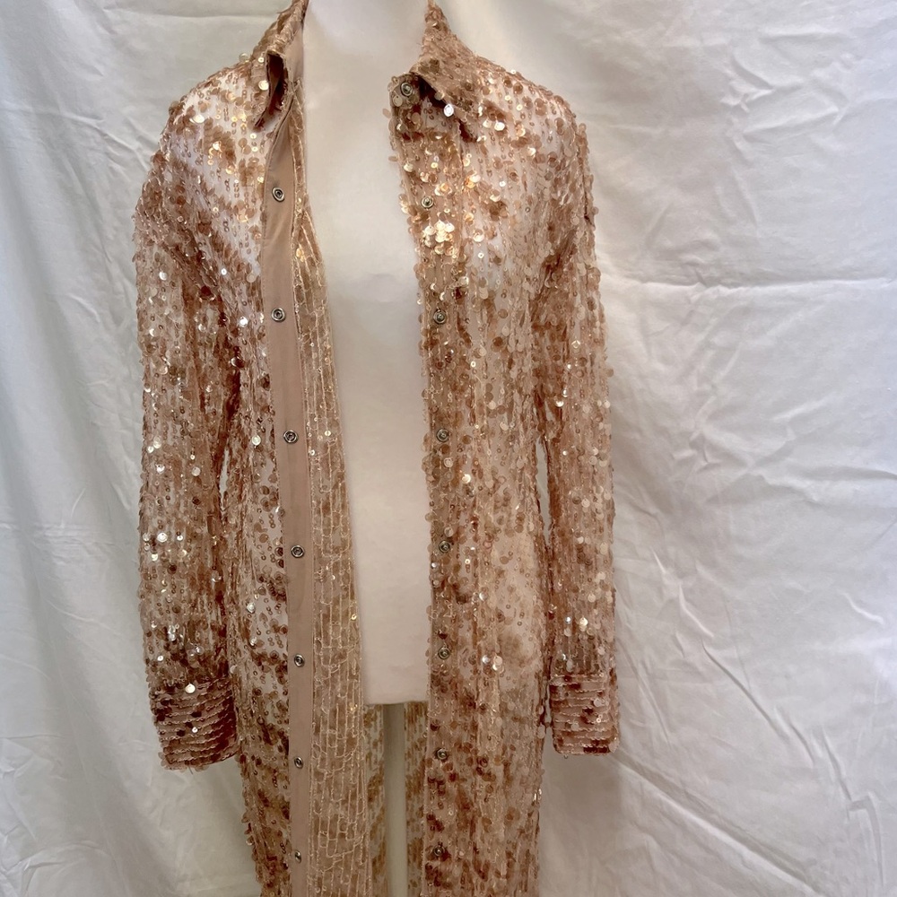 ZARA rose gold sequin collared duster with snap-up front. - Picture 11 of 15